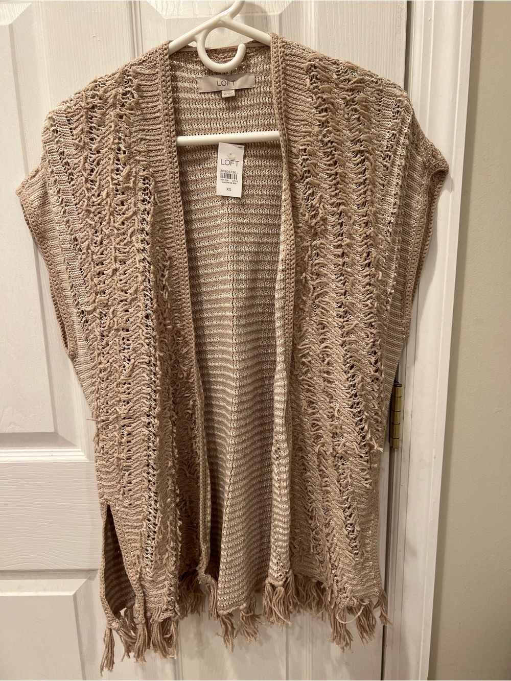 LOFT Beige Open-Front Fringe Knit Cardigan Vest
